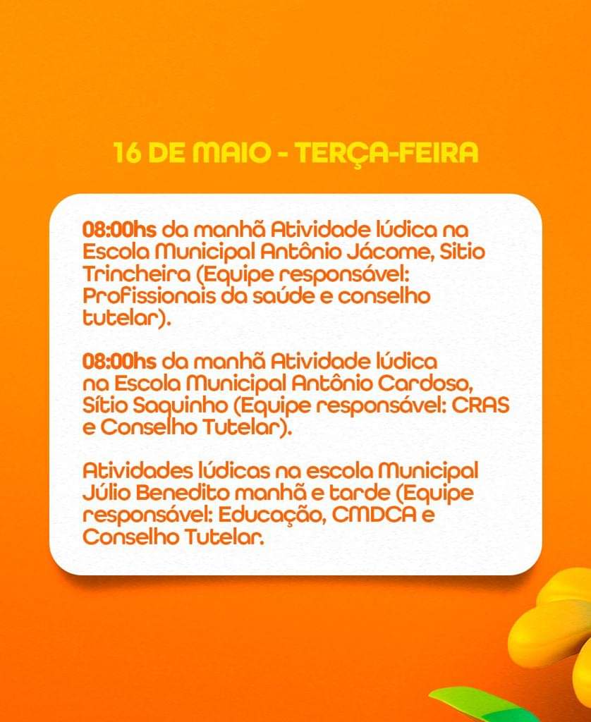 PROGRAMAÇÃO MAIO LARANJA - 15 A 18 DE MAIO
