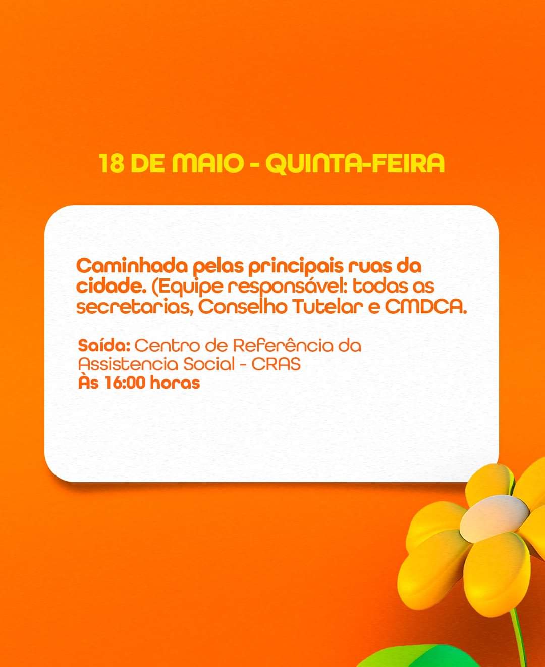 PROGRAMAÇÃO MAIO LARANJA - 15 A 18 DE MAIO